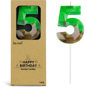 Pixel Birthday Candle, 2.68 Inch Miner Number Candles, Game Themed Candle Birthday Decoration for Pixel Theme Birthday Anniversary Dynamite Video Game Party (Green, 5)