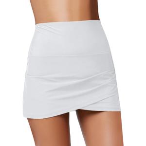 GRAPENT Women's High Waist Tulip Hem Shirring Swim Skirt Swimsuit Bikini Bottom (Medium, A #1# White)