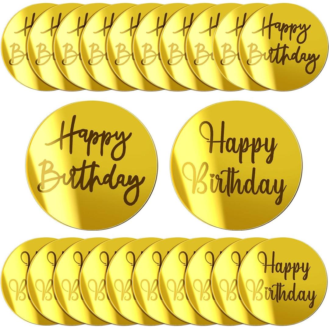 Blulu 20 Pieces Acrylic Cake Toppers Acrylic Mirror Cupcake Disc Birthday Cupcake Topper Round Topper Circle Engraved Disc for DIY Cupcake Decoration(Gold)
