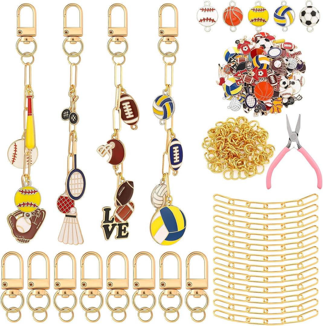 Tondiamo 286 Pieces Sports Keychains Making Kit Volleyball Baseball Softball Jewelry Chain Charms Crafts with 120 Charms 20 Keychain Clips 120 Jump Rings 25 Extender Chain and Plier for Women Gift