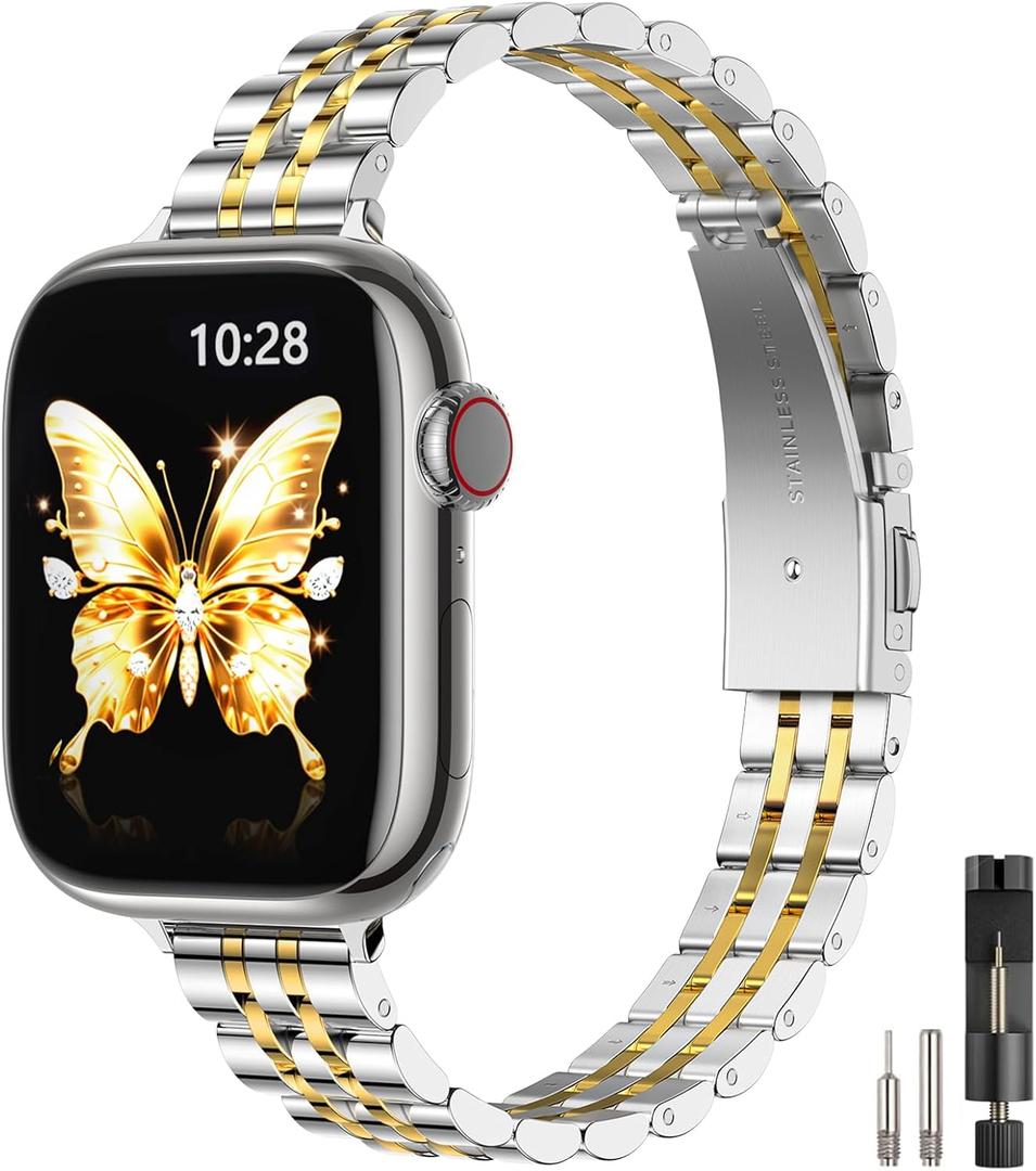 STIROLL Slim Metal Band Compatible with Apple Watch 41mm 40mm 38mm 42mm(Series 11 10) Women, Stylish Thin Stainless Steel Chain Straps for iWatch Bands Series 9 8 7 6 5 4 3 2 1 SE, Silver Gold