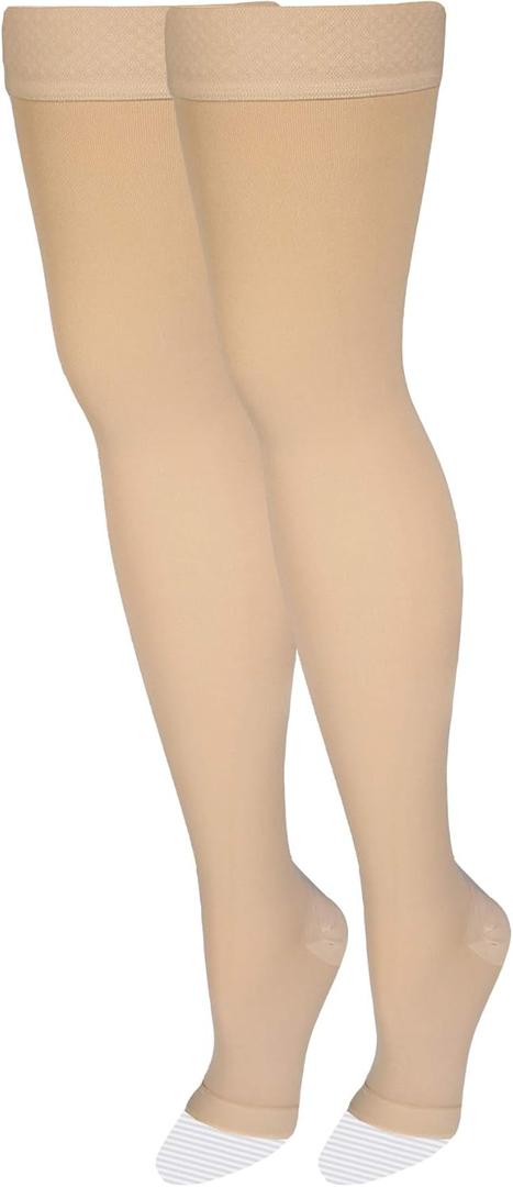 NuVein Medical Compression Stockings, 15-20 mmHg Support, Women & Men Thigh Length Hose, Open Toe, Beige, X-Large