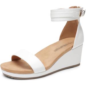 DREAM PAIRS Women's Open Toe Buckle Ankle Strap Platform Wedge Sandals Summer Shoes. (5.5, White/Pu)