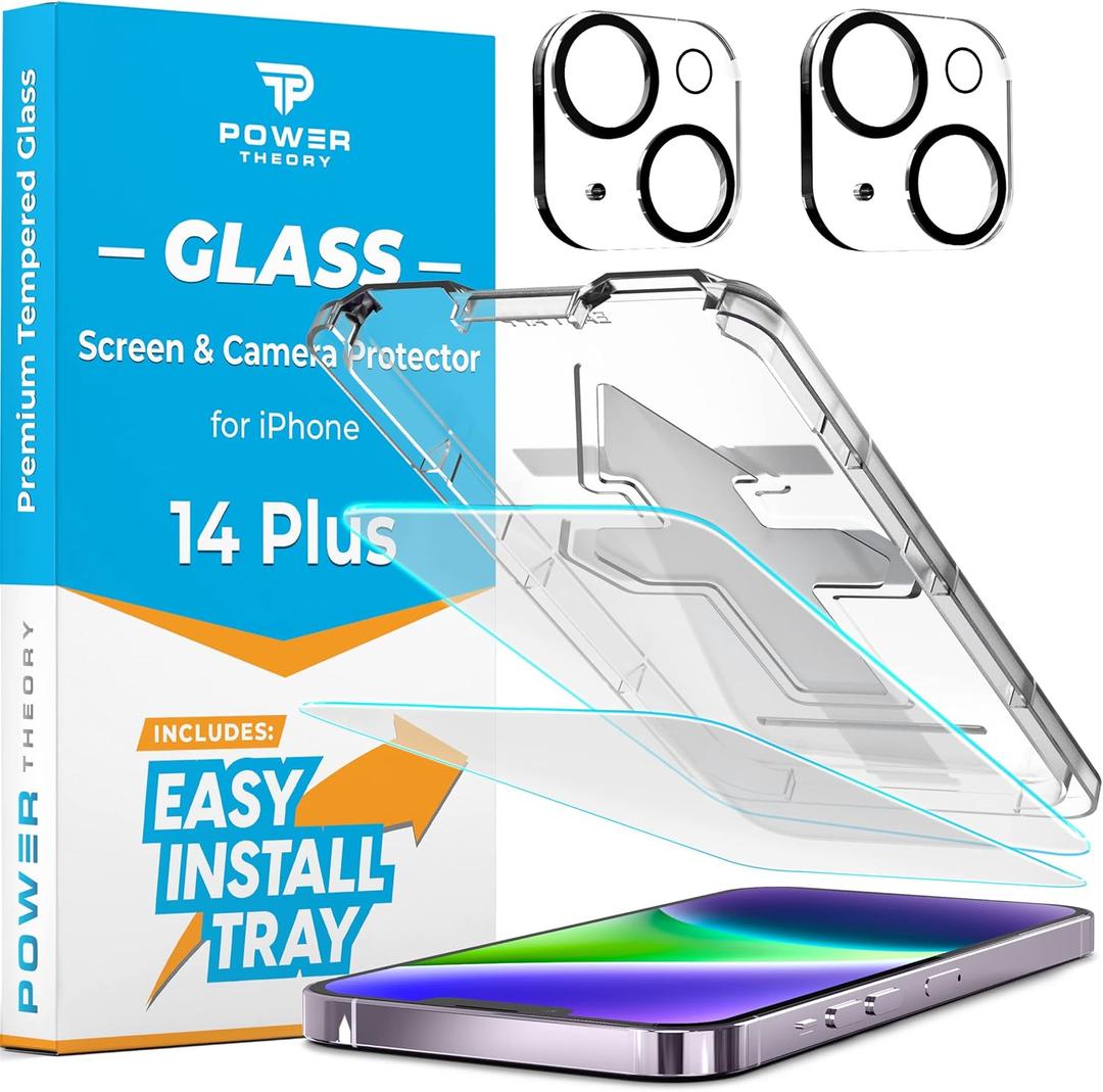 2 x Power Theory Designed for iPhone 14 Plus Screen Protector with Camera Lens Protectors and Easy Install Kit [Premium Tempered Glass]