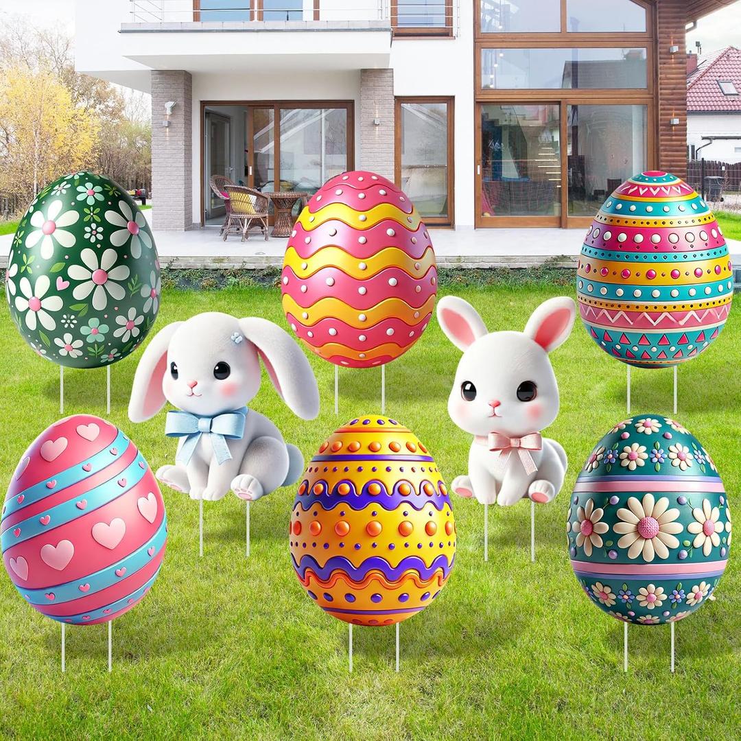 DoubleFill 8 Sets Easter Decorations Outdoor Yard Signs Cute Eggs and Rabbits Signs Easter Bunny Eggs Garden Stakes Spring Lawn Sign Decor for Family Outside Spring Party Supplies