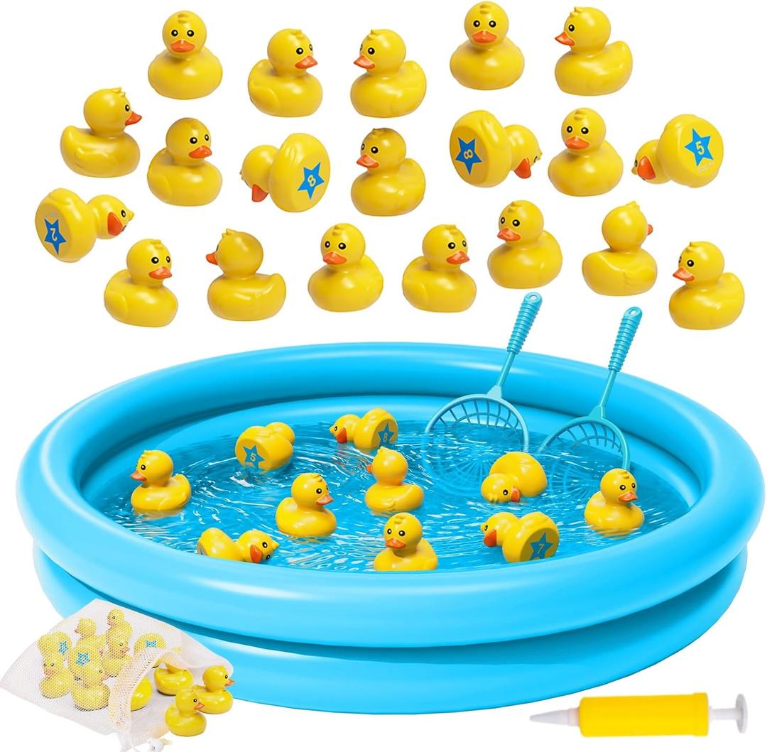 Duck Pond Matching Game Toys for Kids 20 Plastic Ducks with Numbers,25" x 5" Kiddie Pool | Storage Bag, 2 NetsFun Memory Games Water Outdoor Game for Children, Preschooler, Birthday Party Carnival