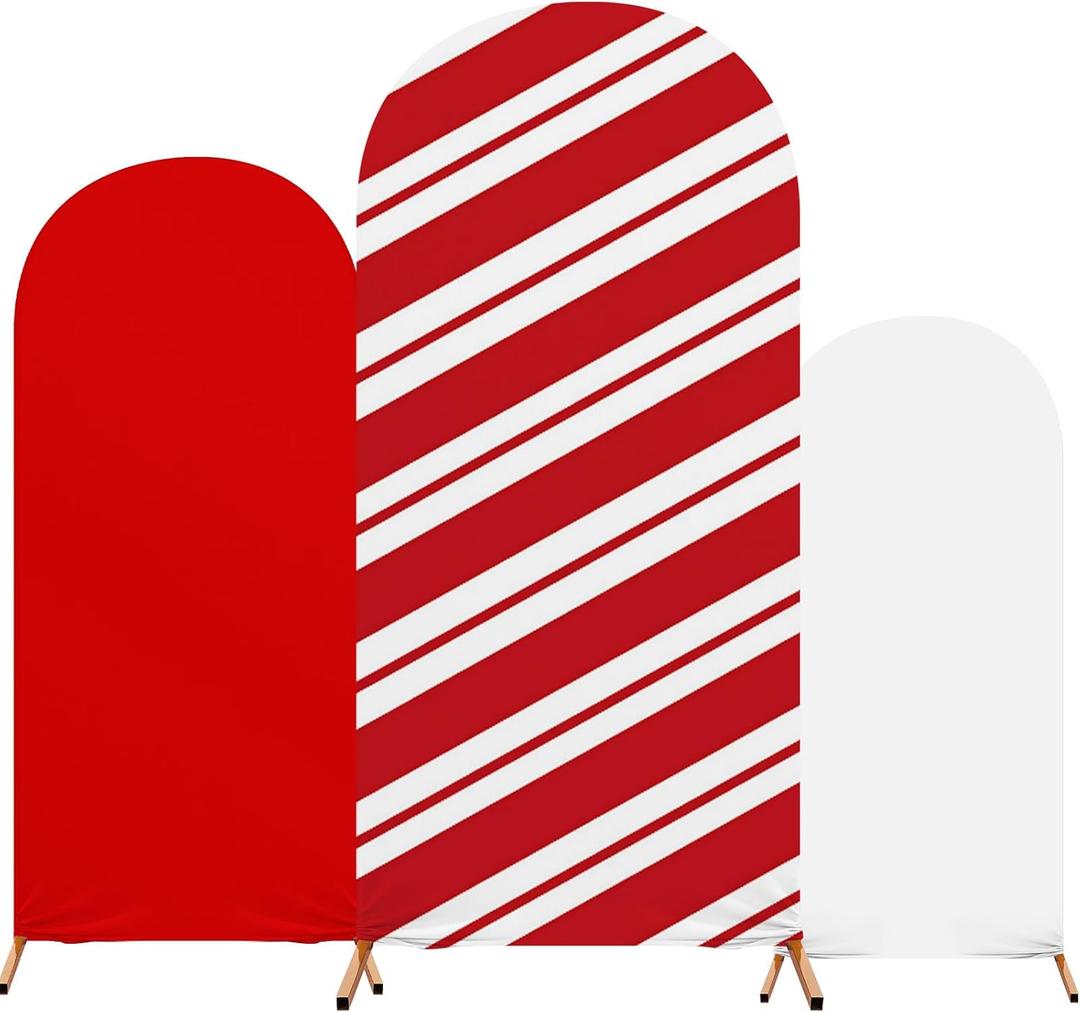 Set of 3 Christmas Party Arch Backdrop Cover Christmas Photo Background Checkered Red Stripe Background Spandex Arch Stand Cover for Xmas Party Birthday Decoration