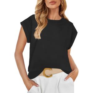 ZESICA Womens Summer Cap Sleeve Crewneck Tops Casual Loose Striped T-Shirts Basic Tees (Small, Darkblack)