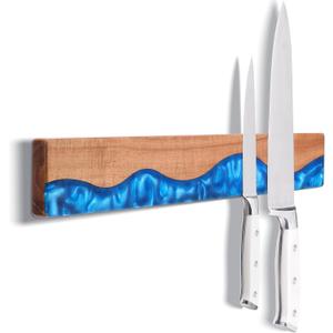 ENOKING 16 Inch Magnetic Knife Holder for Wall, Acacia Wood & Blue Resin Magnetic Knife Strip, Powerful No-Drill Adhesive or Screws Mount, Kitchen Knife Bar Storage Rack ("Ocean" Blue Resin)