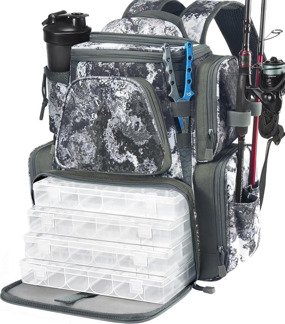 Piscifun Fishing Backpack with 2 Rod Holders & 4 Tackle Boxes, Large Tackle Storage Bag With Rain Cover for Fishing Gear (VEIL Camouflage)