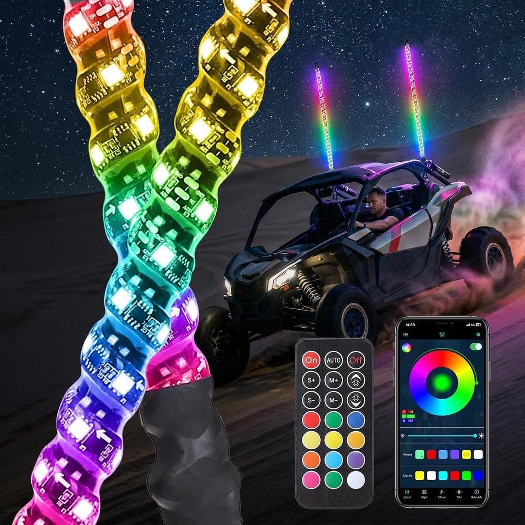 KEMIMOTO LED Whip Lights, 3FT 2pcs, RGB, Fit for UTVs ATVs