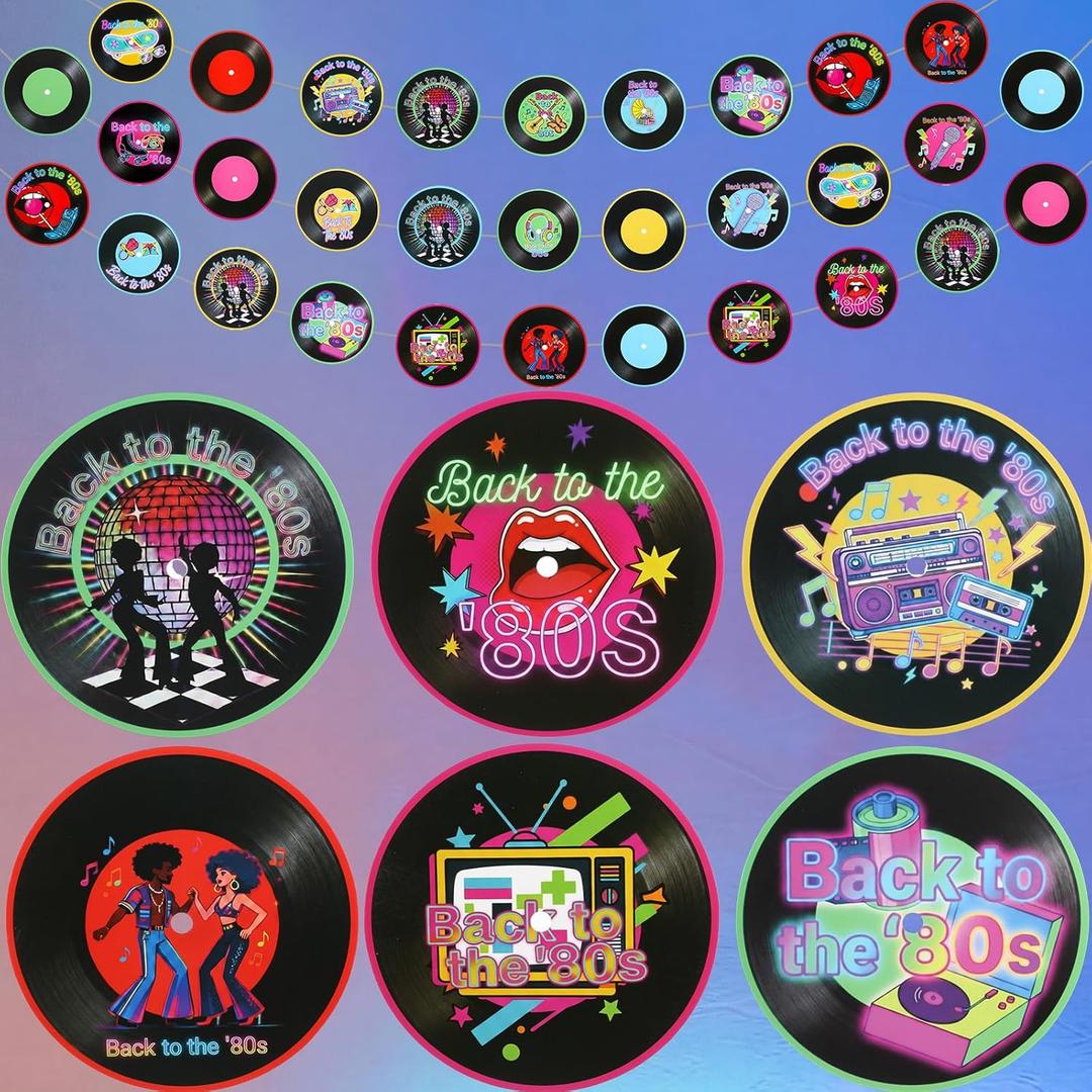 Sabary 25 Pcs Rock and Roll Party Decorations 80s Cd Paper Banner Retro Record Paper Garlands Vintage Themed Birthday Party Hanging Decorations for 80's 90's Hip Hop Music Supplies