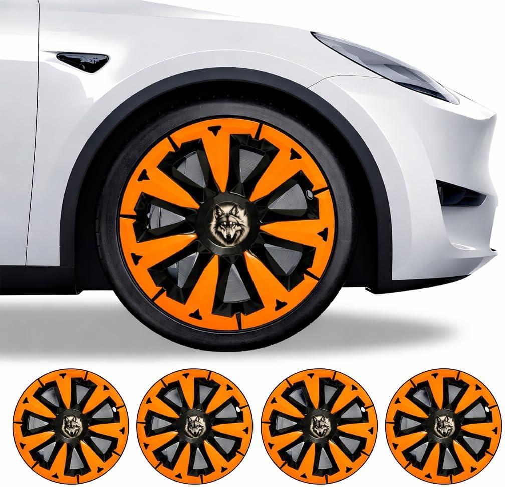 PENSUN 19 Inch Wheel Covers Fit for Tesla Model Y Hubcaps with Full Rim Protection, Sport ABS Wheel Covers Compatible with Tesla Model Y Accessories 2019-2024 (Blade Style (Wolf) - Orange)