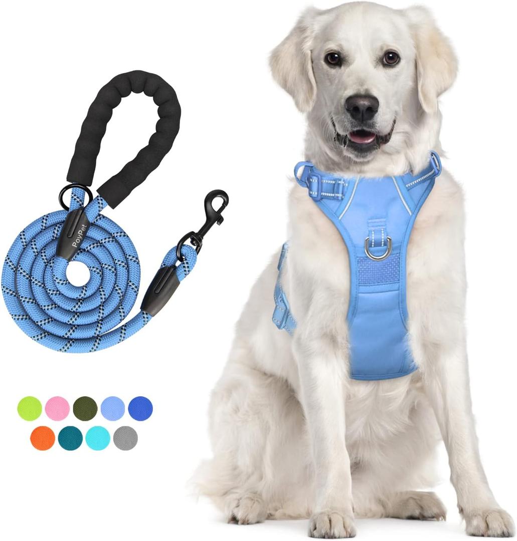PoyPet No Pull Dog Harness and 5 Feet Leash Set, Release on Neck Reflective Adjustable Pet Vest, Front & Back 2 D-Ring and Soft Padded Pet Harness with Handle for Small to Large Dogs(Light Blue,XL)