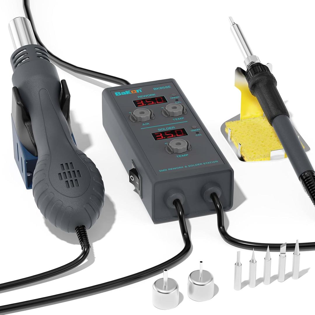 BK858E Hot Air Soldering Station, 90W Portable Solder Station, 2-IN-1 Soldering & Hot Air Rework Station with Digital Temperature Correction and Sleep Function