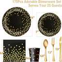 AIRE 175PCS Black and Gold Paper Plates Party Supplies for 25 Guests Disposable Party Decorations Dinnerware Golden Dot Black Paper Plates Napkins Cups Gold Plastic Forks Knives Spoons for Mothers Day