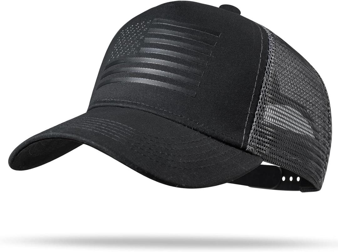 American Flag Trucker Hat - Snapback Hat, Baseball Cap for Men Women - Breathable Mesh Side, Adjustable Fit - for Casual Wear (One Size, Black/Dark Gray)