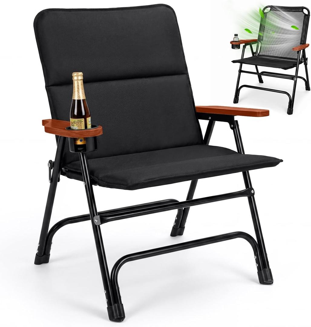 Padded Oversized Folding Camping Chair for Adults, Removable Cotton Pad Lawn Chair with Wooden Hard Armrests and Cup Holders, Portable Collapsible Quad Chair for Outside, Support up to 400lbs, Black