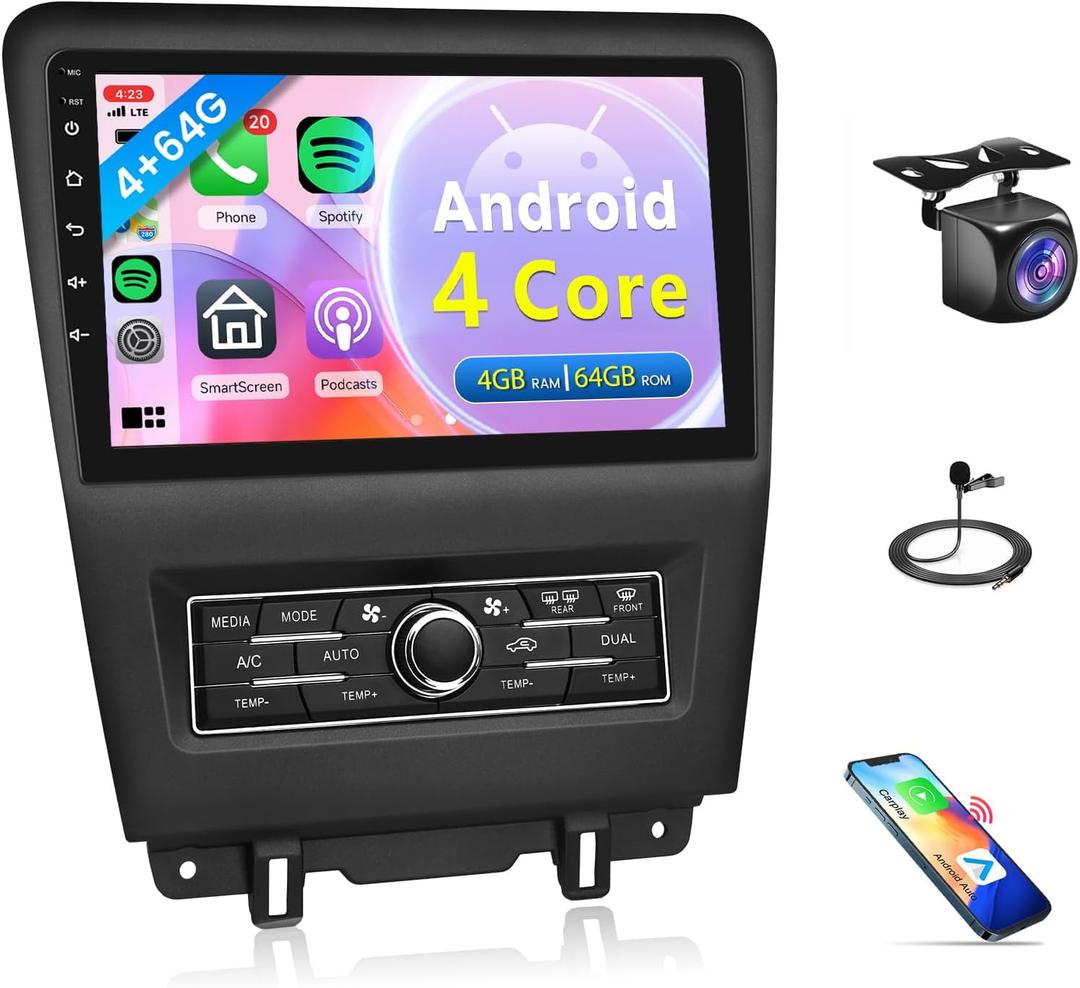 4Core 4G+64G CAR Radio for Ford Mustang 2010-2014, Rimoody Car Stereo with Wireless Carplay and Android Auto Mirror Link Android GPS WiFi 10.1 Inch Touchscreen BT FM/RDS EQ SWC Backup Camera