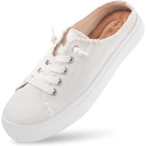 Womens Slip-On Shoes, Wide Canvas Mules with Suede Memory Foam Insole Backless Comfortable Casual Sneakers (White), Size 9