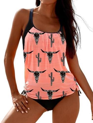 SHESHOW Cowgirl Style Tankini Swimsuits for Women Scoop Neck Ruched Blouson and Bottom 2 Piece Bathing Suits, Pink Cow,  XL