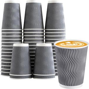 Lamosi 12 oz Insulated Coffee Cups Disposable - 50 Count Grey Paper Coffee Cups No Lids 12oz, Corrugated Ripple Wall Design for Hot Cold Drinks (Gray)