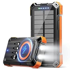 Power Bank 49800mAh Solar Charger Wireless Charging USBC 5V/3.1A Fast Charging with 4 Builtin Cables LED Flashlight Battery Pack Compatible with iPhone, iPad, Galaxy, Perfect for Camping, Hiking