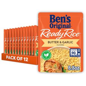 BEN'S ORIGINAL Ready Rice Butter and Garlic Flavored Rice, Easy Dinner Side, 8.8 oz Pouch (Pack of 12) (EXP 06/30/27)
