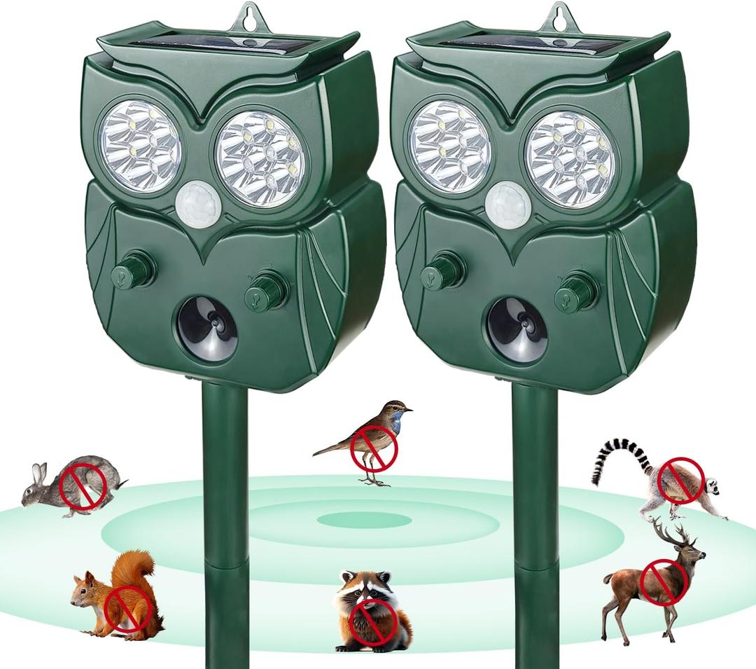 [2025 Upgrade] Solar Animal Repellent Outdoor for Deer Squirrel Mole Rabbit Cat Skunk Bird Raccoon Dog, Waterproof Ultrasonic Pest Repeller with Motion Detector and LED for Yard Lawns Garden, 2 Pack