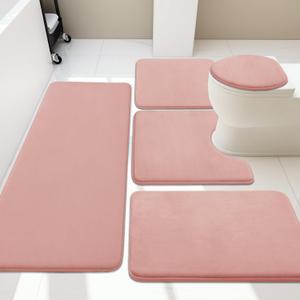 YIHOUSE Memory Foam Bath Mat Set - Super Absorbent, Non-Slip & Washable Bath Rugs - Dries quickly, Pink 5 Pieces