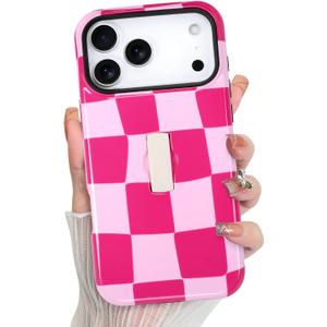 KANGHAR Compatible with iPhone 17 Pro Case, Silicone Checkered Cute Pattern, Finger Hold Wristband Kickstand Camera Protection Soft Slim Phone Case for Girls Women -Pink