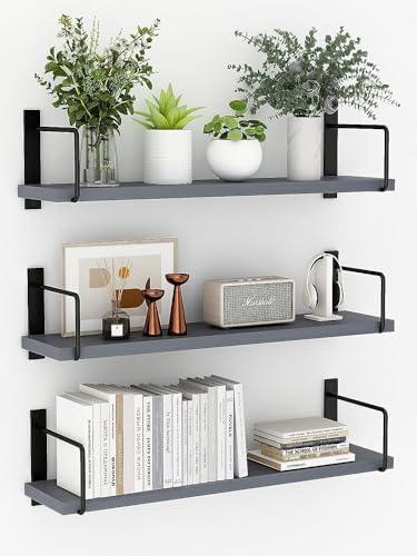 EALLRINEC Floating Shelves, 24 Inches Easy to Install Wall Mounted Shelves, Wall Shelves Set of 3, Rustic Wood Shelves for Wall Décor, Storage Shelves for Living Room (Grey)
