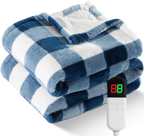 Electric Heated Sherpa Buffalo Plaid Christmas Throw Blanket with 8 Heating Levels & 8 Hours Auto Off, Fast Heating Warm Plush Washable Blanket with Over-Heat Protection, ETL Certification, Blue