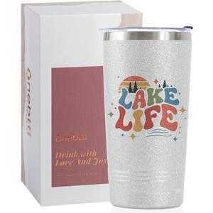 Onebttl Lake House Gifts, Lake Life Gifts for Women/Men, 20oz Insulated Tumbler, Perfect for Boat Owner/Lake Lovers - Lake Life (Giltter Silver