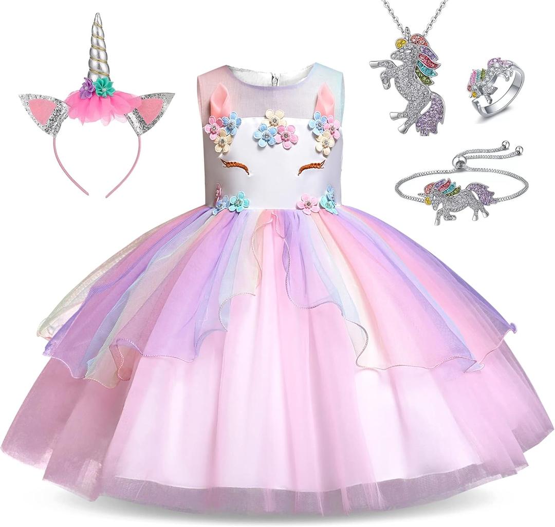 Unicorn Princess Dress Up Clothes for Little Girls  Costume, Jewelry and Headband (7-8 Years)