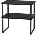 CADUKE Counter Shelf Organizer Set of 2 Kitchen Cabinet Shelves Expandable Countertop Shelves Organizer Wood Cabinet Shelf Black Stackable Storage Rack for Pantry