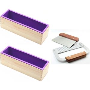 2 Pcs Flexible Rectangular Soap Silicone Loaf Mold Wood Box for 42oz Soap Making Supplies with 2 Stainless Steel Wavy & Straight Soap Mold Loaf Cutter Cutting Tool (Purple)