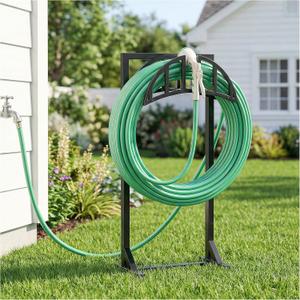 YQSLYSF Garden Hose Holder, Water Hose Stand with 4 Stake and 2 Tool Hooks, Heavy-Duty Metal Hose Storage Holds 150Ft, Freestanding Hose Hanger Rack for Outside, Yard, Lawn, Farm (Black)