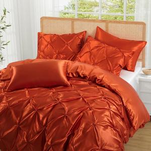 P Pothuiny 5 Pieces Satin Pintuck Duvet Cover Set, Silky Like Burnt Orange Pinch Pleat Duvet Cover King Size Luxury Bedding Set with Corner Ties, 2 Pillow Shams + 2 Pillowcases (No Comforter)