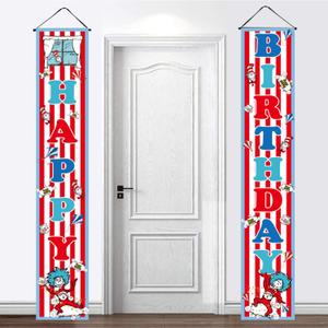 Happy Birthday Porch Banner 70.8X11.8 inches, Red and Blue Stripes Cartoon Window Kite Birthday Door Sign for the Cat in the Hat Party Decorations