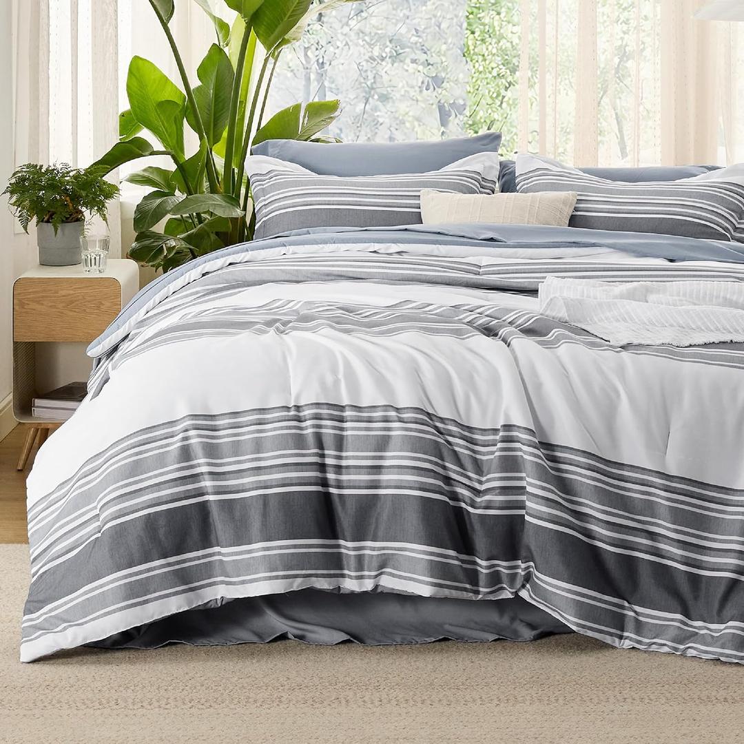 Bedsure Full Comforter Set 7 Pieces, Dark Grey Striped Bedding Set for All Seasons, Reversible, Cationic Dyeing Bed in a Bag with Comforter, Sheets, Pillowcases & Shams