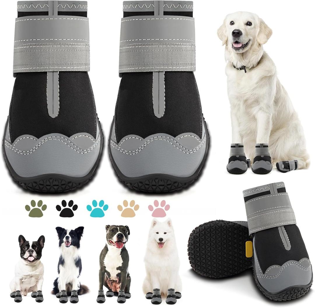 Dog Boots for Large Dogs, Medium Dog Boots & Paw Protectors for Hardwood Floors, Outdoor Dog Booties for Hot Pavement Winter Snow Hiking, Dog Shoes with Reflective Strips (Width 2.55 Inch, Light Black)