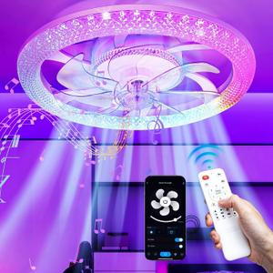 2 in 1 WiFi RGB-LED 20 Ceiling Fans with Lights and Remote, 3000-6500K Dimmable Flush Mount Smart Low Profile Ceiling Fan with Lights, Bluetooth 6 Speeds Bladeless Fans with APP, for Bedroom