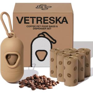 VETRESKA Dog Poop Bags Dispenser with Coffee Scented Waste Bags, Leak Proof, Extra Thick & Strong, 1 Holder and 105 Count Pet Poop Bags (7 Refill Rolls) for Dogs and Cats
