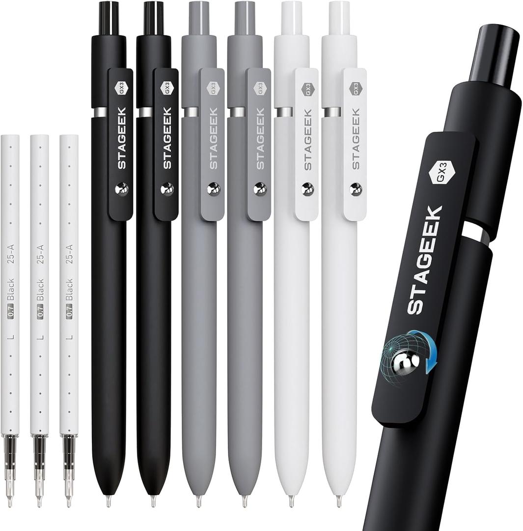 STAGEEK Black Gel Pens GX3, 6Pcs Fine Point Smooth Writing Pens with 3 Extra Refills, Black Ink Pens for Journaling, Office, Note Taking, School Supplies, Nurse Aesthetic(Black Gray White)