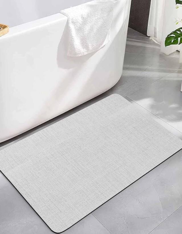 Farmhouse Light Gray Flax Bathroom Rug Diatomaceous Earth Bath Mat,Absorbent Shower Mat Non-Slip Doormat for Kitchen Bedroom, Retro Linen Burlap Texture Diatomite Stone Mats 16x24in