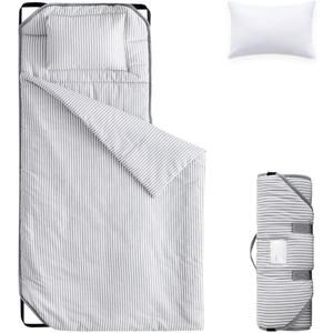 Wake In Cloud - Cot Nap Mat with Pillow and Blanket, 100% Cotton Fabric, for Toddler Kids Boys Girls Ages 3 Plus in Daycare Kindergarten Preschool, Ticking Stripes,52"L x 22"W x 6"Th