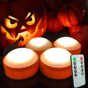 4 Pack Halloween Pumpkin Lights with Remote/Timer Orange Led Battery Operated Flameless Candles Pumpkin Latern Jack-O-Lantern Lights Decor Fall Decorations