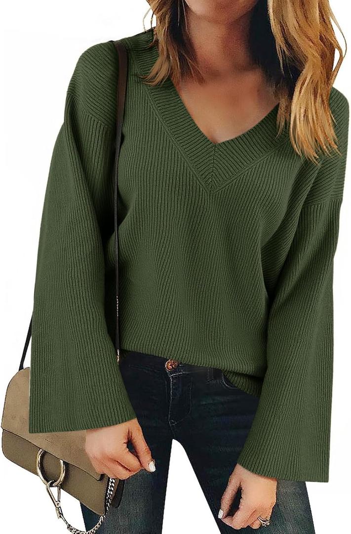 Yousify Womens V Neck Oversized Sweaters Long Sleeve Knit Pullover Trendy Casual Chunky Sweater (Medium, Army Green)