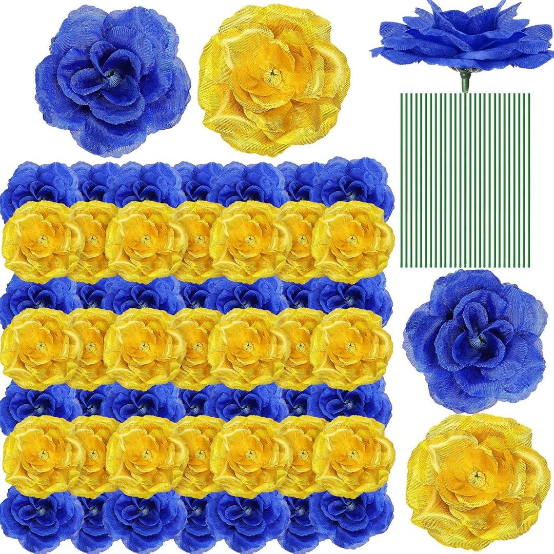 Yunlly 100 Pcs Artificial Flowers Fake Silk Roses Long Stem Rose Bouquet Wedding Party Home Decor for DIY Baby Shower Centerpieces Tables Home Decorations(Blue, Gold)